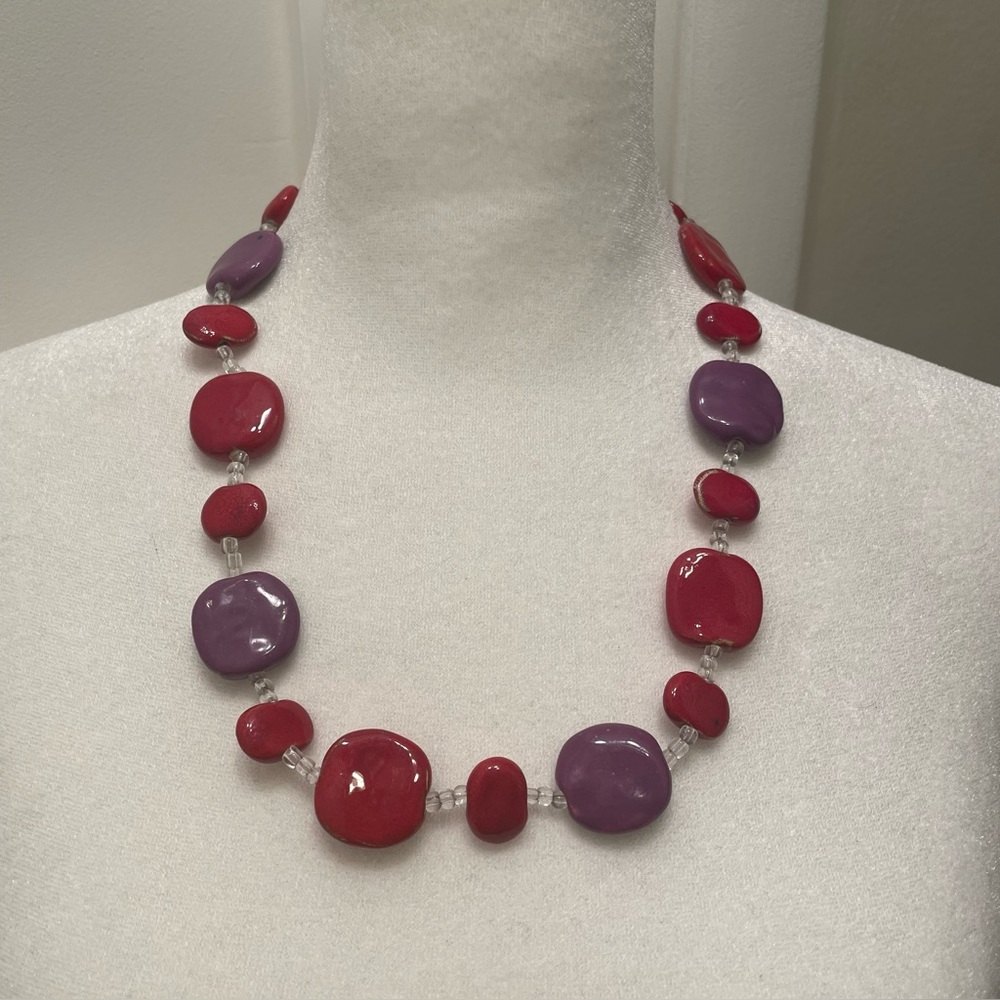 Vintage Red & Purple Beaded Statement Necklace, 90s Color Block Jewelry
